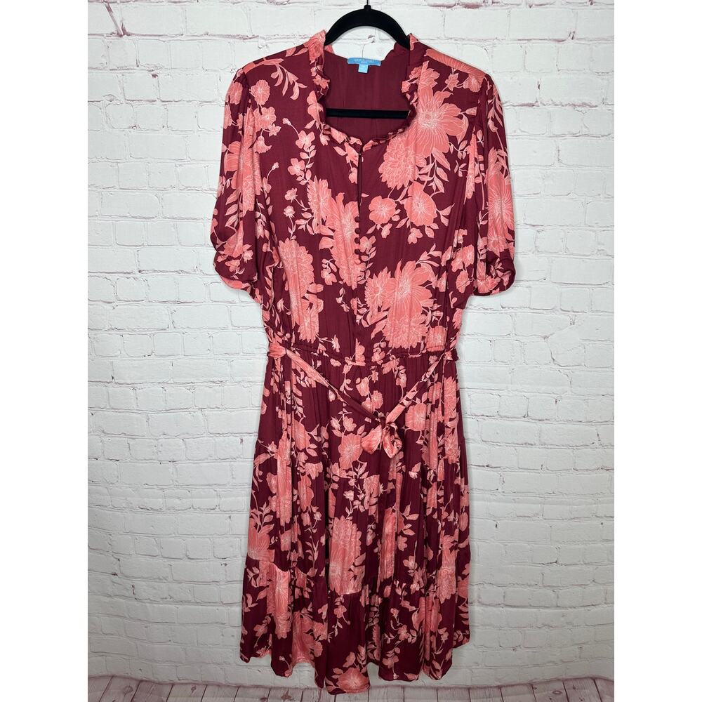 Draper James Burgundy Floral Dress Short Sleeve Ruffle Womens Plus Size 1X